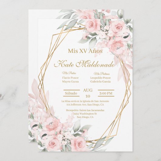 Roze roos Quinceanera uitnodiging (Voorkant / Achterkant)