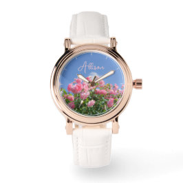 Roze roos struik onder blauwe lucht, op maat horloge