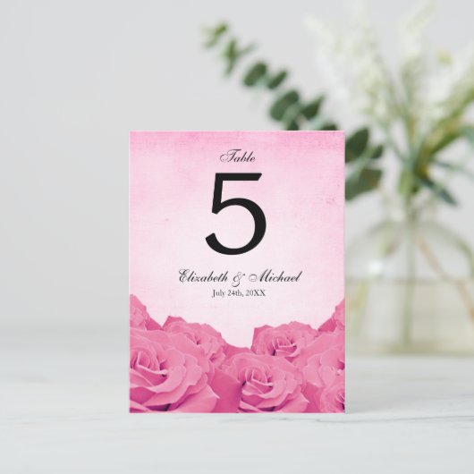  Roze Roos Trouwtafel Nummer Briefkaart (Staand voorkant)