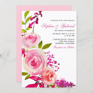 Roze Roos van Fuchsia Botanical Floral Wedding Kaart