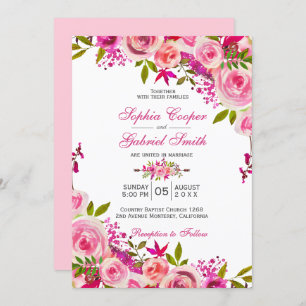 Roze Roos van Fuchsia Botanical Floral Wedding Kaart