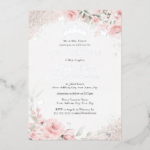 Roze Roos Vlinder Zilver Quinceanera Folie Uitnodiging
