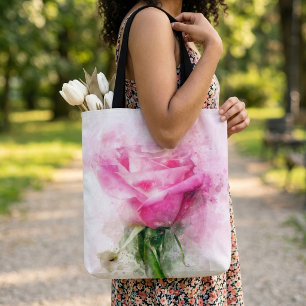 Roze Roos Watercolor Kunst op Witte Achtergrond Draagtas