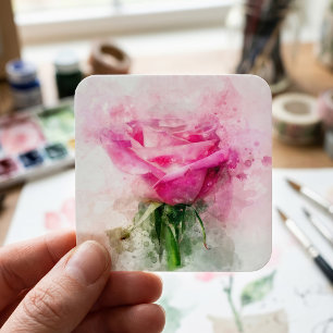 Roze Roos Watercolor Kunst op Witte Achtergrond Vierkante Sticker