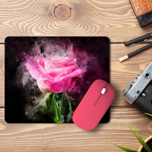 Roze Roos Waterverf op Zwarte Achtergrond Muismat