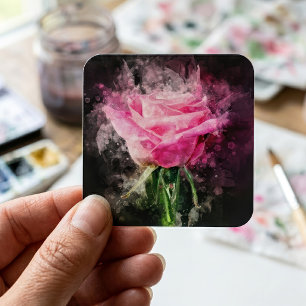 Roze Roos Waterverf op Zwarte Achtergrond Vierkante Sticker