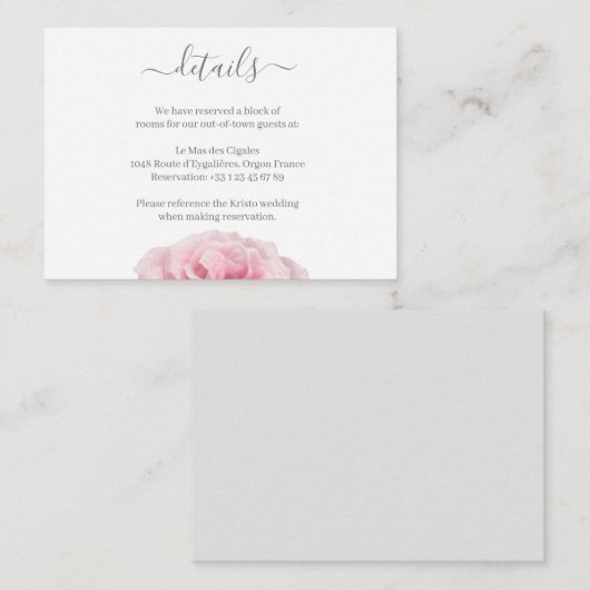 Roze Roos Wit Grijs Bloemen Bruiloft Hotel Detail Informatiekaartje (Voorkant / Achterkant)