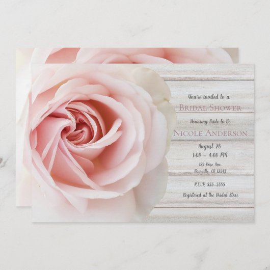 Roze Roos & Witte Hout Shabby Chic Bruiloft Feest Kaart (Voorkant / Achterkant)