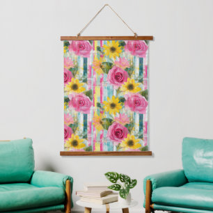 Roze Roos Zonnebloem Teal Zomer Bloemstuk Hangend Wandkleed