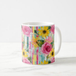 Roze Roos Zonnebloem Teal Zomer Bloemstuk Koffiemok