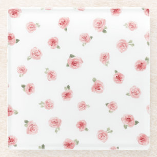 Roze Roosknop Waterverf Bloemig Vintage Roos Wit Glazen Onderzetter