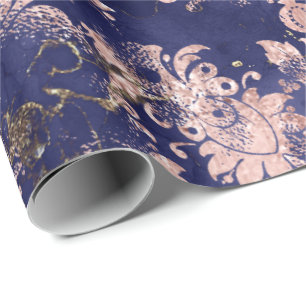 Roze Rose Blauw Marine Bloemen Grungy Cottage Shab Cadeaupapier