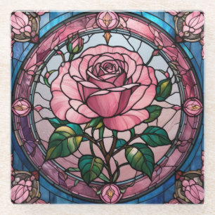 Roze Rose Bloem Bloemen Glas in lood Art Glazen Onderzetter