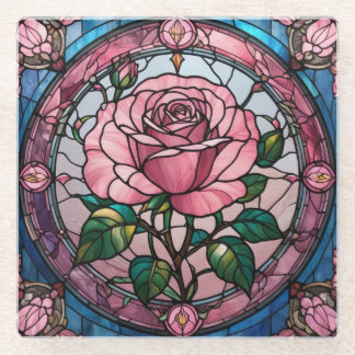 Roze Rose Bloem Bloemen Glas in lood Art Glazen Onderzetter