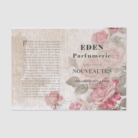 Roze Rose Bloemen Frans Script Shabby Decoupage Tissuepapier (Voorkant)