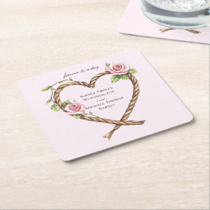 Roze Rose Bloemen Hart Wedding Vierkante Kartonnen Onderzetter