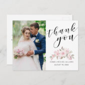 Roze Rose Bloemen Script Trouwfoto Dank u Briefkaart (Voorkant / Achterkant)