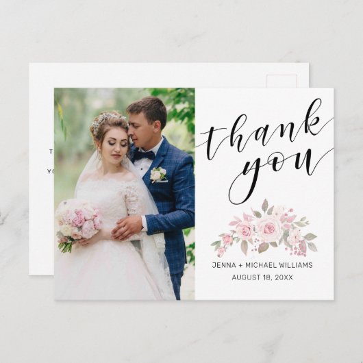Roze Rose Bloemen Script Trouwfoto Dank u Briefkaart (Voorkant / Achterkant)