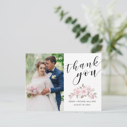 Roze Rose Bloemen Script Trouwfoto Dank u Briefkaart (Staand voorkant)