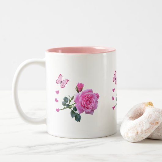 Roze Rose Bloemen Vlinder Harten Mok (Met donut)