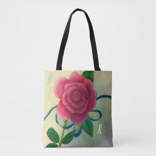 Roze Rose Blue Ribbon Waterverf Monogram Draagtas (Voorkant)