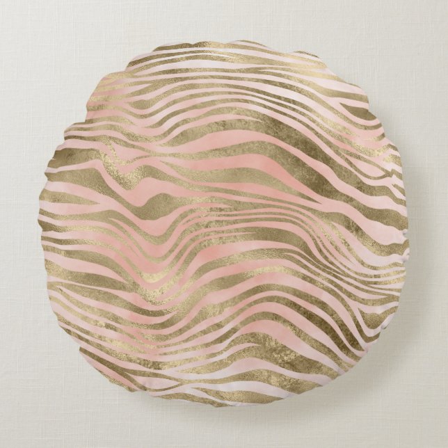 Roze Rose Blush Gold Zebra Leopard Animal Print Rond Kussen (Voorkant)
