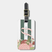 Roze Rose Bouquet & Green Stripes Aangepaste naam Bagagelabel (Voorkant verticaal)