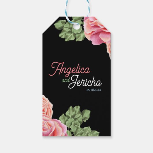 Roze Rose bruiloft thema Cadeaulabel (Voorkant)