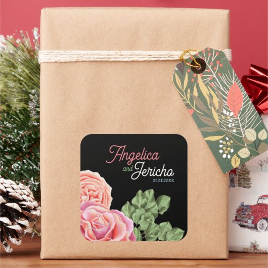 Roze Rose bruiloft thema Vierkante Sticker (Feestdagen)