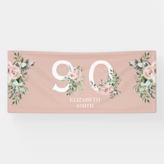 Roze Rose Elegant 90th Blush Birthday Party Spandoek (Horizontaal)
