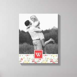 Roze Rose Elegant Wallpaper Foto met monogram Canvas Afdruk
