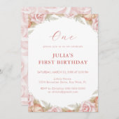 Roze Rose First Birthday Kaart (Voorkant / Achterkant)