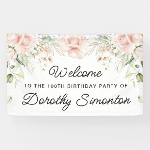 Roze Rose Floral 100th Birthday Party Welcome Spandoek