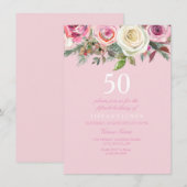  Roze Rose Floral 50th Birthday Invite Kaart (Voorkant / Achterkant)