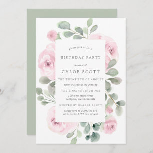 Roze Rose Floral Eucalyptus Birthday Uitnodiging
