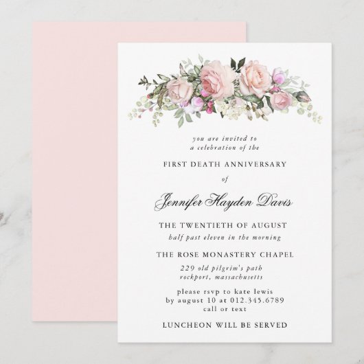 Roze Rose Floral First Death Jubileum Kaart (Voorkant / Achterkant)