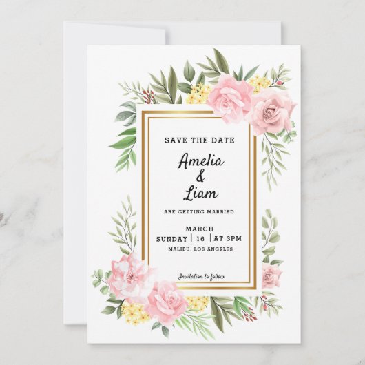 Roze Rose Floral Flora Thema Bruiloft Save The Dat Kaart (Voorkant)