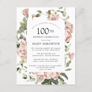 Roze Rose Floral Greenery 100th Birthday Uitnodiging Briefkaart