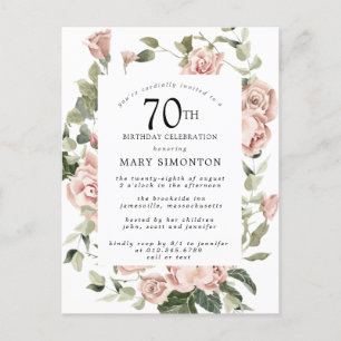 Roze Rose Floral Greenery 70th Birthday Uitnodiging Briefkaart