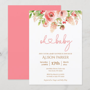 Roze Rose Floral Greenery Girl Baby shower Kaart