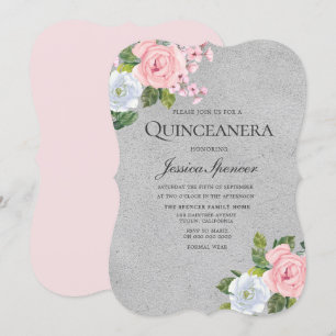 Roze Rose Floral Silver Quinceanera Party Invite Kaart