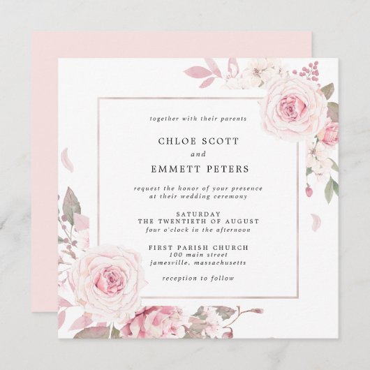 Roze Rose Floral Square Weddenschap Kaart (Voorkant / Achterkant)