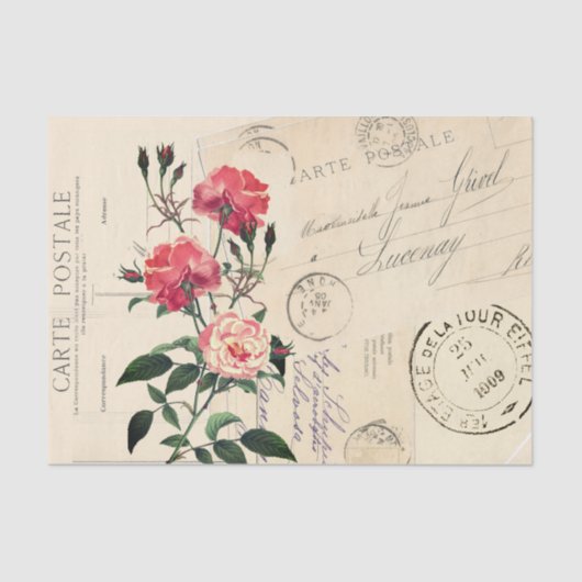 Roze Rose  Frans Briefkaart Collage Tissuepapier (Voorkant)