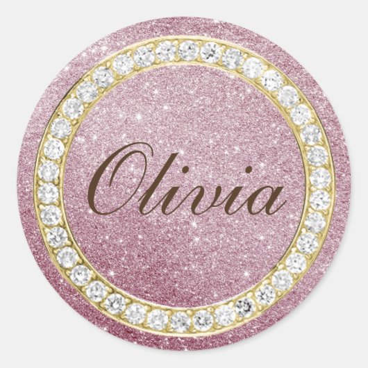 Roze Rose Glitter & Diamonds Kleine Ronde Stickers (Voorkant)
