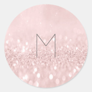 Roze Rose Glitter Gray Round Monogram Ronde Sticker