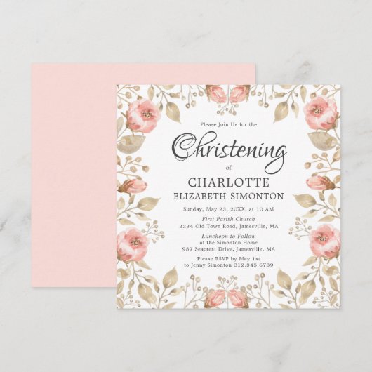 Roze Rose Gold Botanical Christening Kaart (Voorkant / Achterkant)