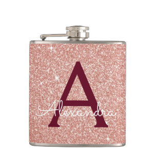 Roze Rose Gold Burgundy Glitter Sparkle Monogram Heupfles