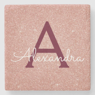 Roze Rose Gold Burgundy Glitter & Sparkle Monogram Stenen Onderzetter