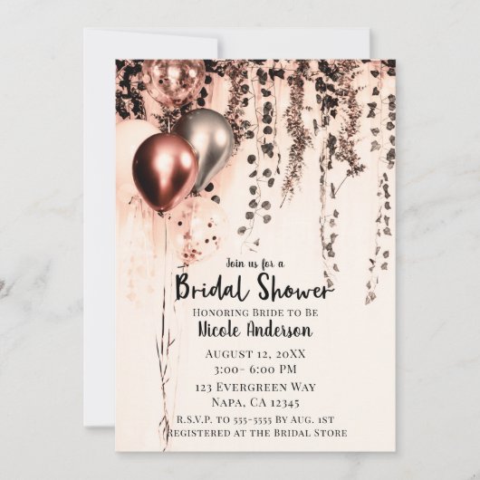 Roze Rose Gold Cream Metallic Ballonnen Ivy Bridal Kaart (Voorkant)