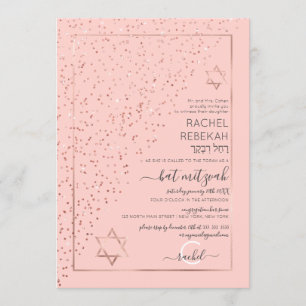 Roze Rose Gold Diagonaal Confetti Bat Mitzvah Kaart